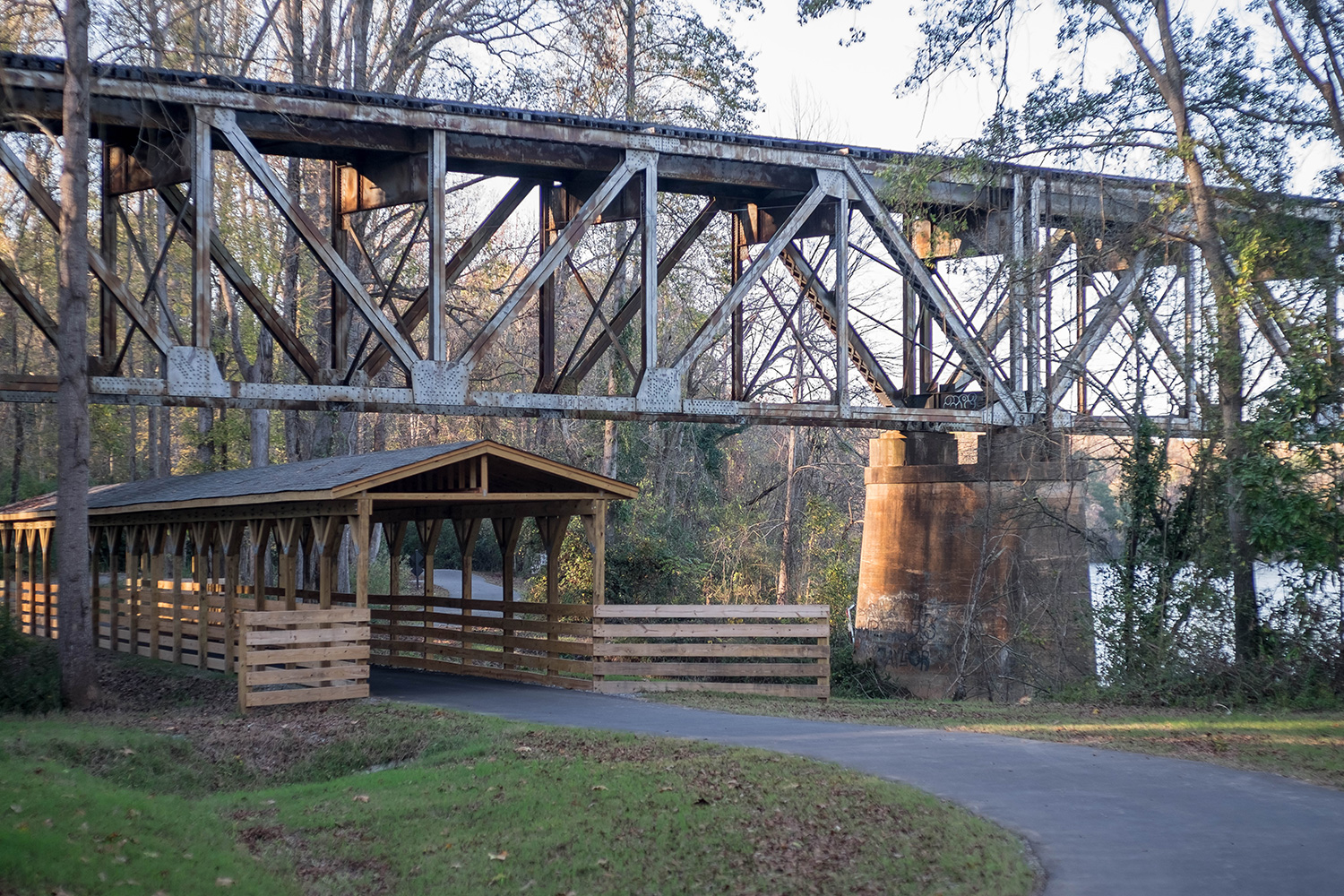 Riverwalk Trestle over the pedestrian trail and covered bridge